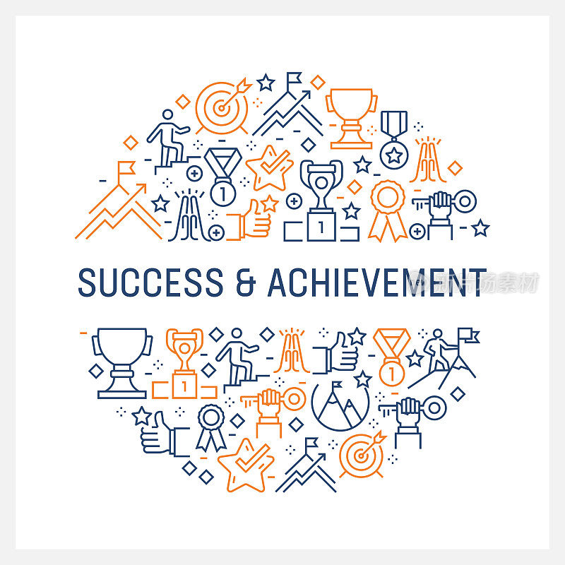 Success and Achievement Concept - Colorful Line Icons, Arranged in Circle